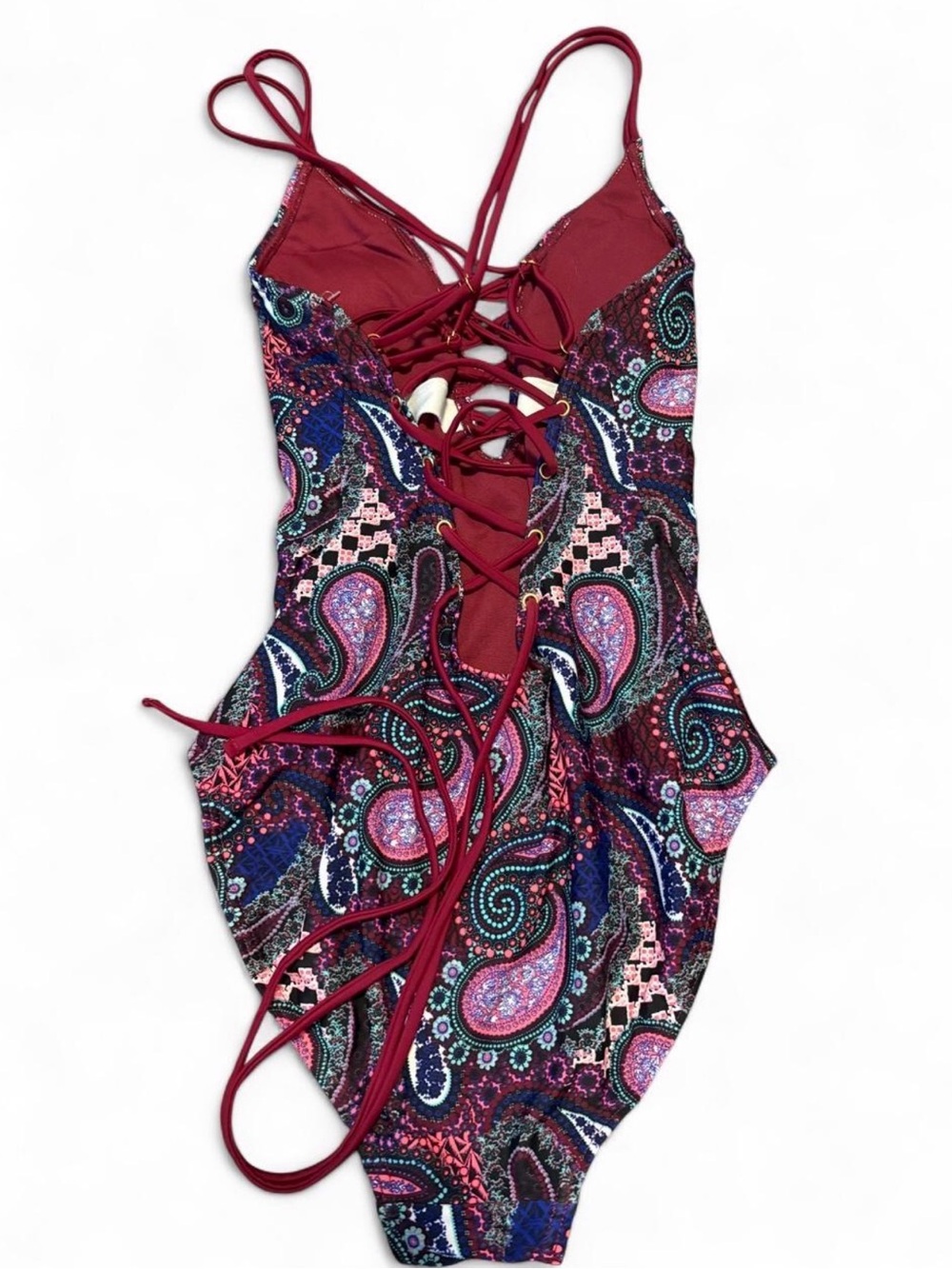 Ambrielle Maroon Paisley Lace-Up One-Piece Swimsuit - Picture 3 of 5